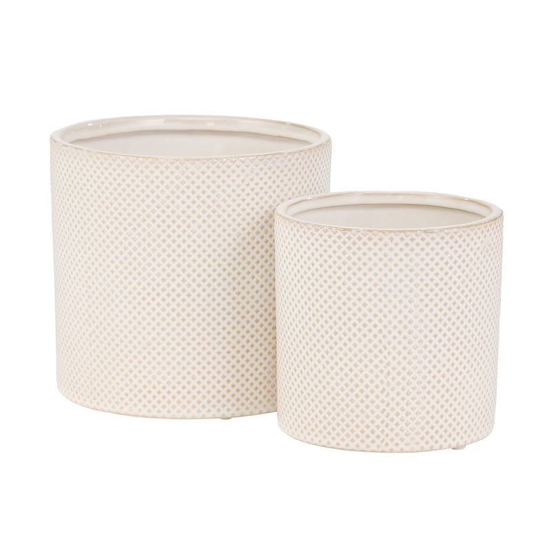 S/2 Ceramic 7/5" Planters, White/Tan Dot