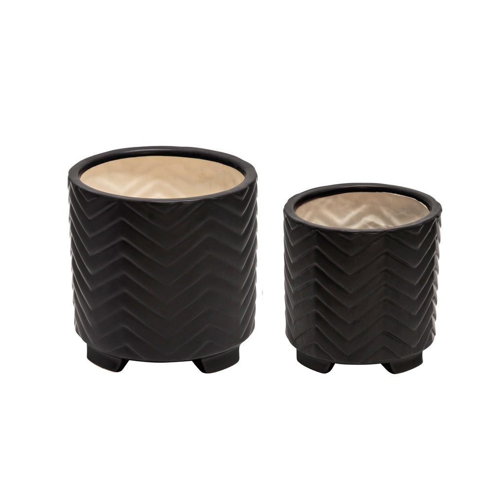 S/2 Ceramic 8/6.5" Chevron Footed Planter, Black