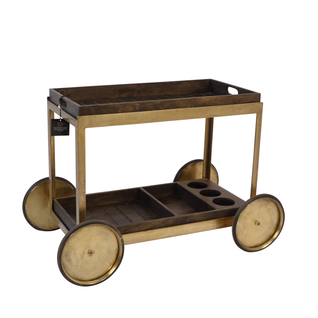 WOODEN 33" TRAY TOP BAR CART, GRAY WASH