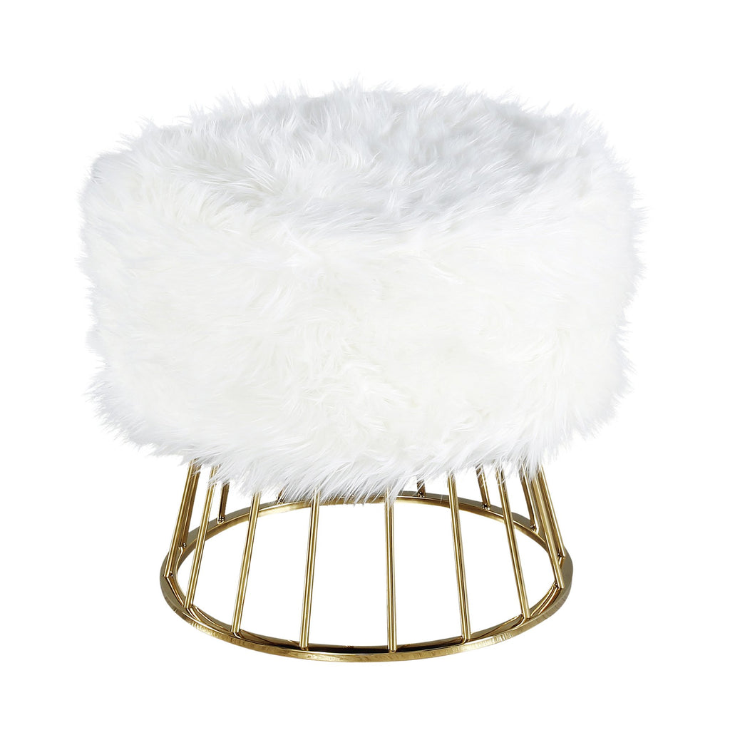 Faux Fur Ottoman With Basketlegs, White/Gold