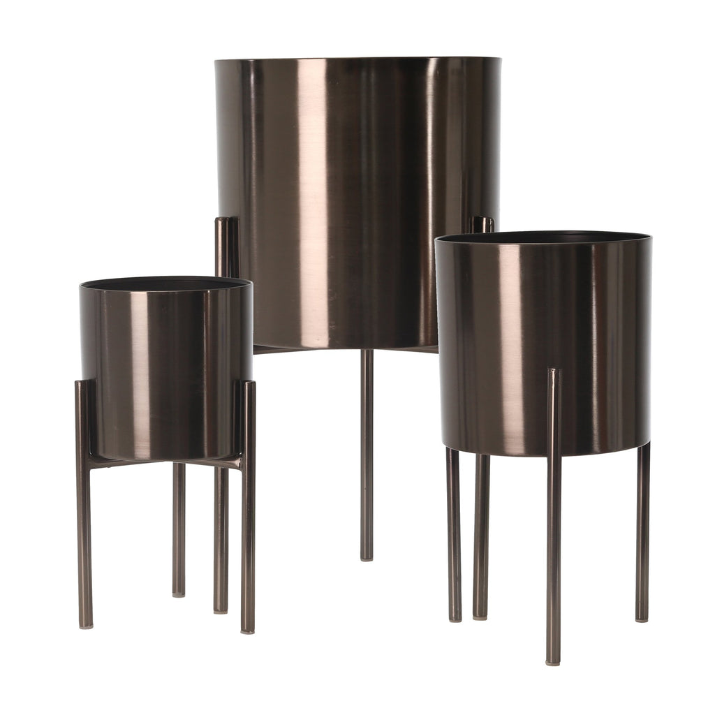 S/3 Metal Planters On Stand 18/15/12"H, Gray