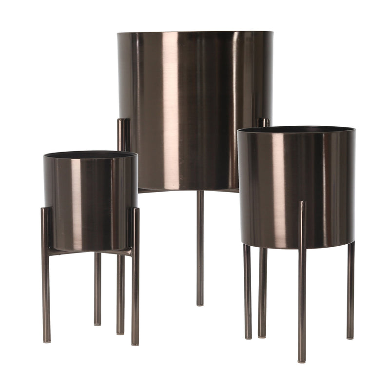 S/3 Metal Planters On Stand 18/15/12"H, Gray