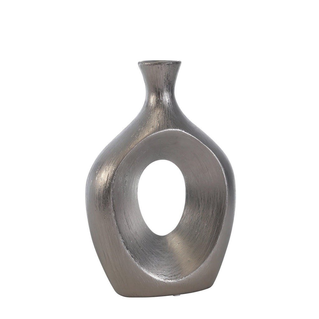 Ceramic 13" Oaval Vase W/Hole,Silver