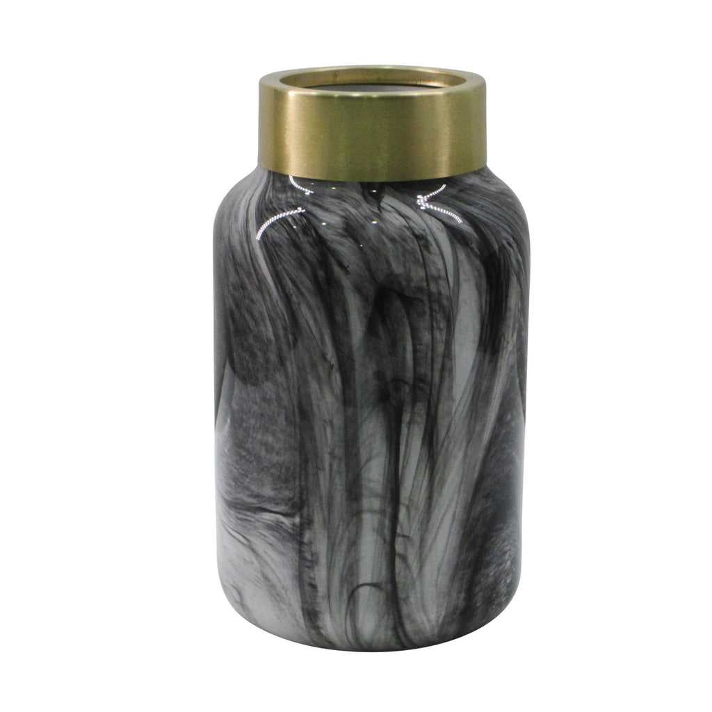 Glass 10", Covered Jar, Black/Gold