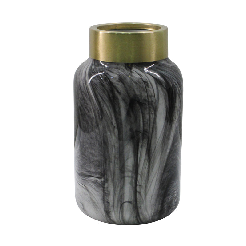 Glass 10", Covered Jar, Black/Gold