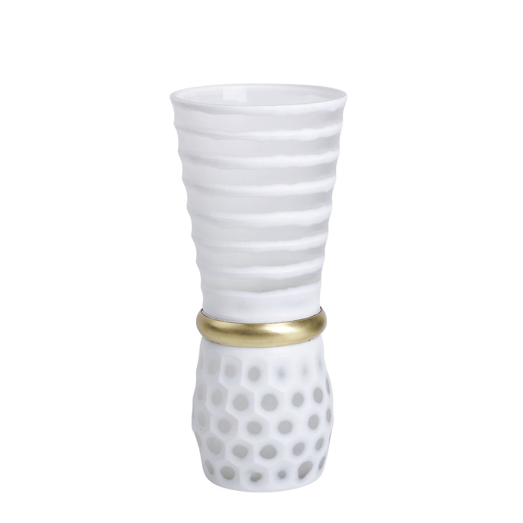 Glass 14" Vase W/ Gold Band, White