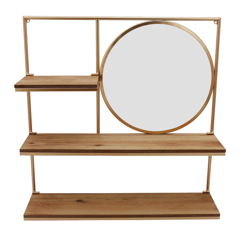 Metal 24" Wall Shelf W/ Roundmirror, Gold