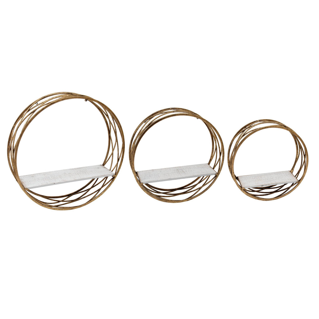 S/3 Metal Round Wall Shelves, White/Gold