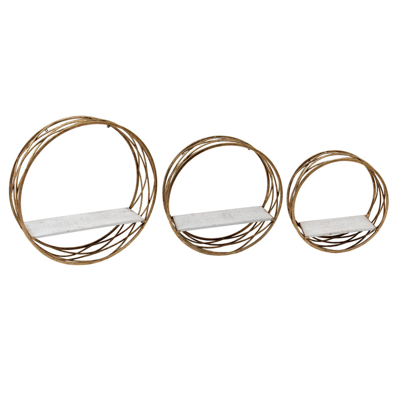 S/3 Metal Round Wall Shelves, White/Gold
