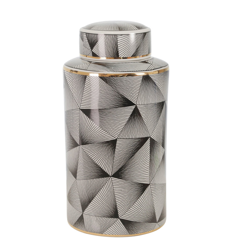 Ceramic 16" Covered Jar, Abstract, Black
