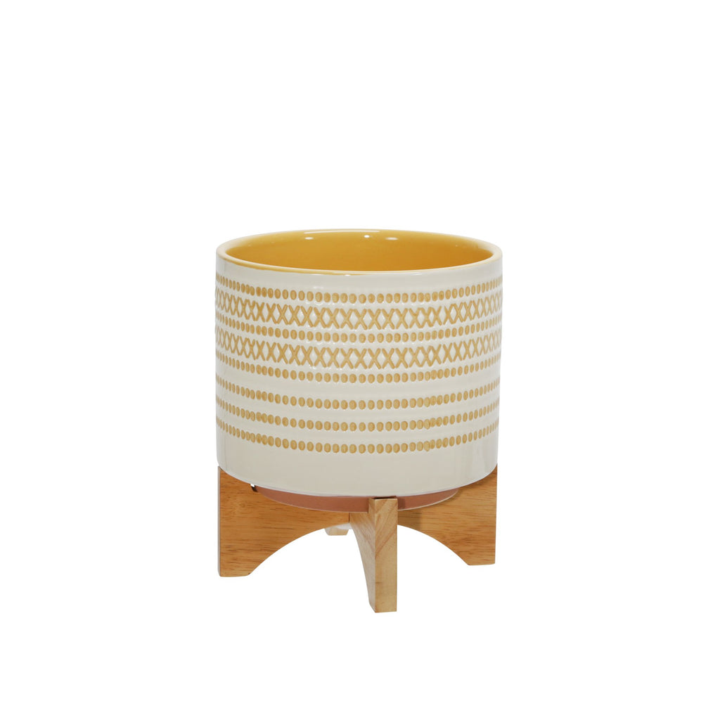 Ceramic 9.25" Planter On Standw/ Dots, Yellow