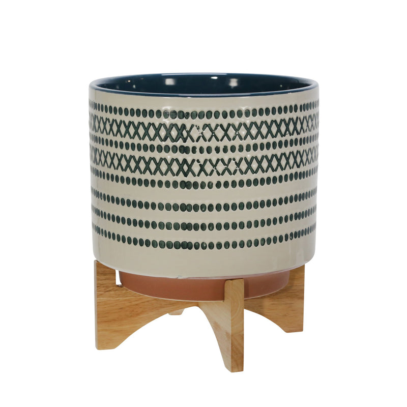 Ceramic 11.5" Planter On Standw/ Dots, Blue