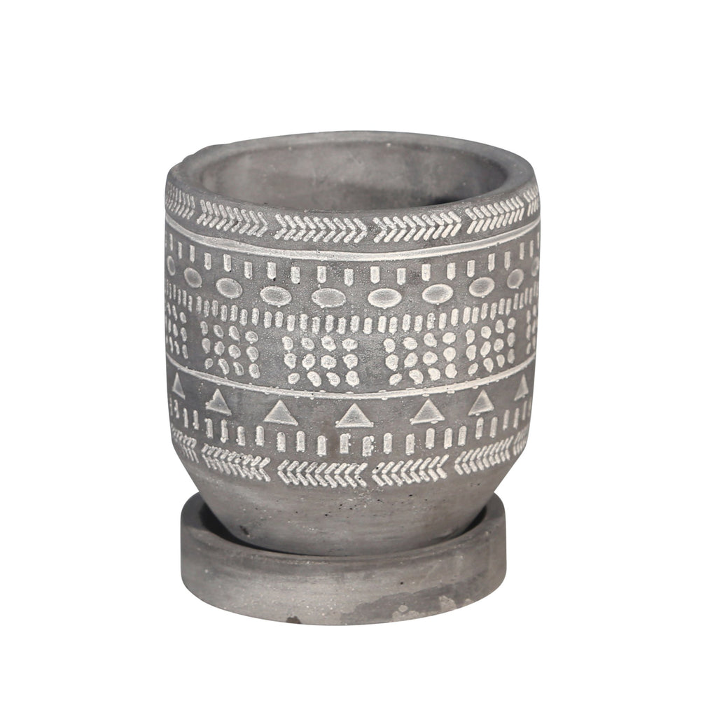 5 " Tribal Pattern Planter W/Saucer, Gray
