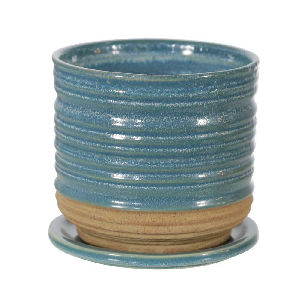 Ceramic 5.5" Textured Planterw/ Saucer, Aqua