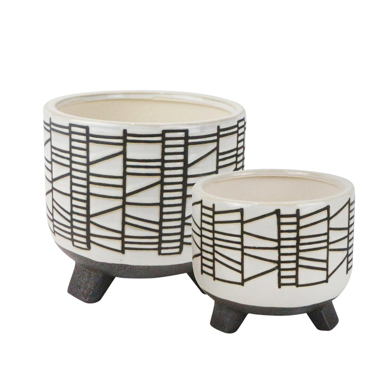 S/2 Ceramic 8/6" Geo Footed Planter, White