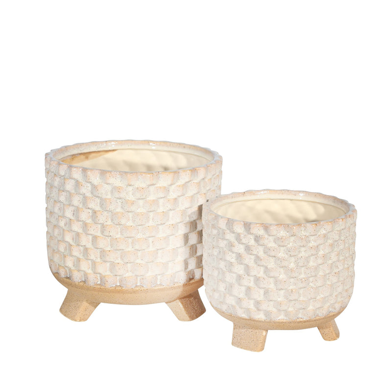 S/2 Ceramic 8/6" Textured Footed Planter, White