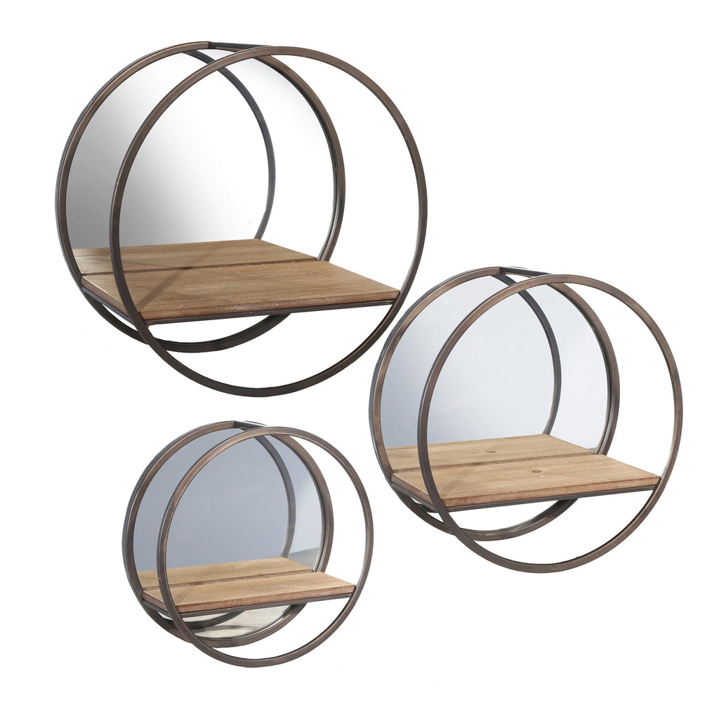 S/3 Metal/ Wood Wall Shelves W/ Mirror, Brown