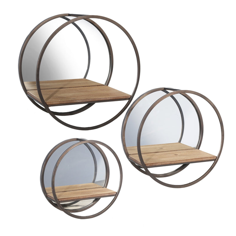 S/3 Metal/ Wood Wall Shelves W/ Mirror, Brown