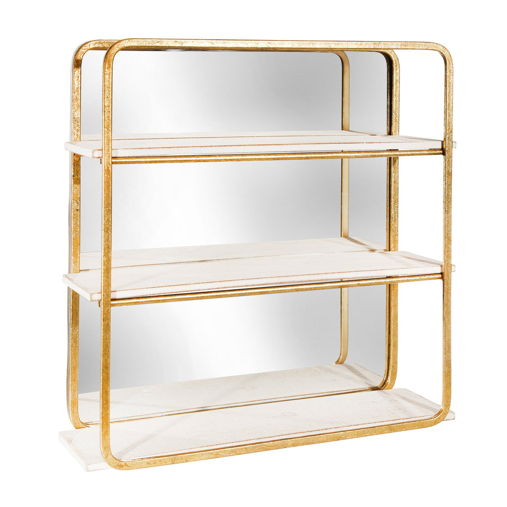Metal / Wood 3 Tier Wall Shelfw/ Mirror, White