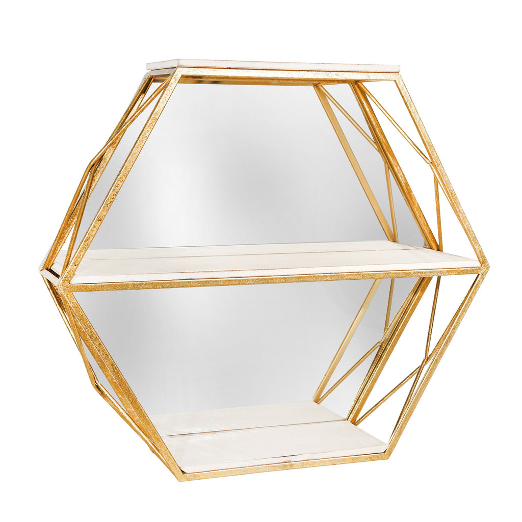 Metal / Wood 3 Tier Hexagon Wall Shelf W/ Mirror, White