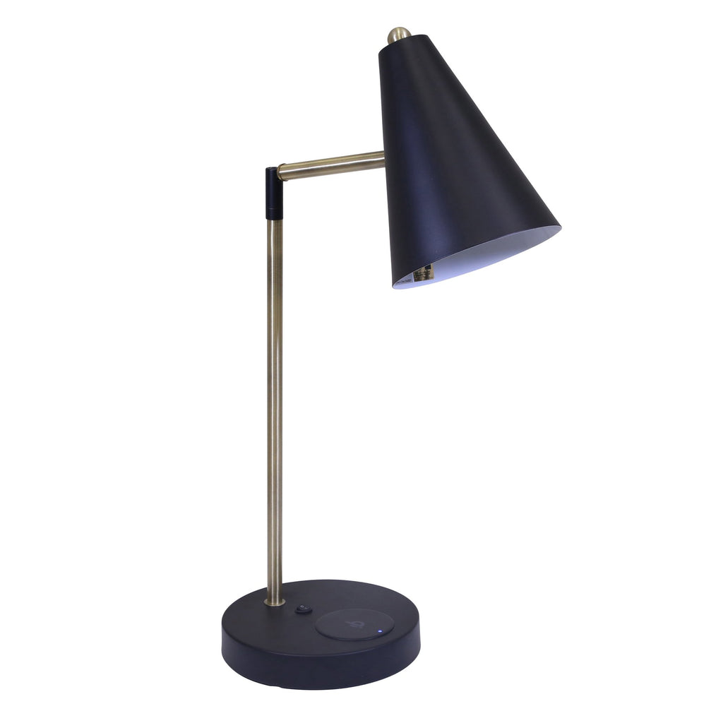 Metal 25" Cone Shade Desk Lampw/ Wireless Charger/Usb, Black