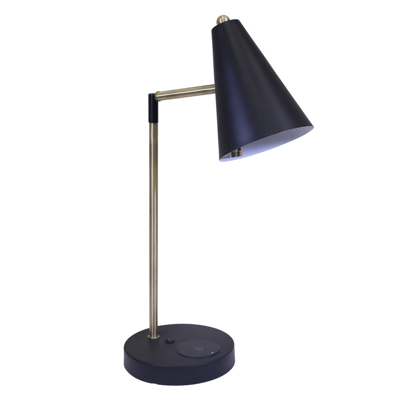Metal 25" Cone Shade Desk Lampw/ Wireless Charger/Usb, Black