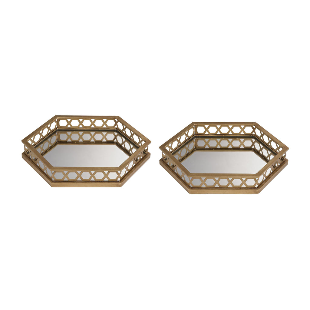 51-025/S2 Set of 2 Ribbed Hexagonal Mirrored Trays Tray - RauFurniture.com