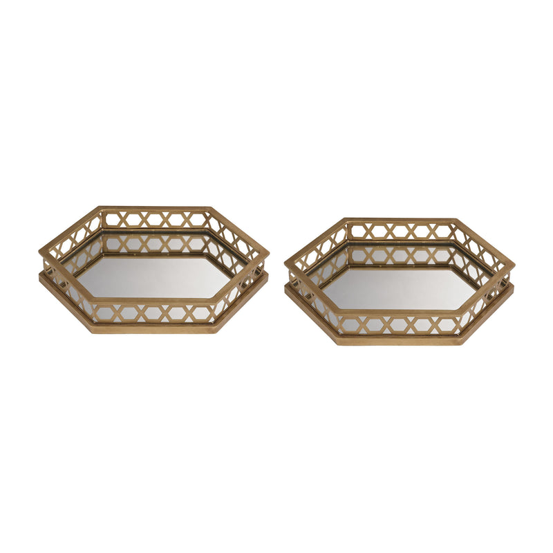 51-025/S2 Set of 2 Ribbed Hexagonal Mirrored Trays Tray - RauFurniture.com