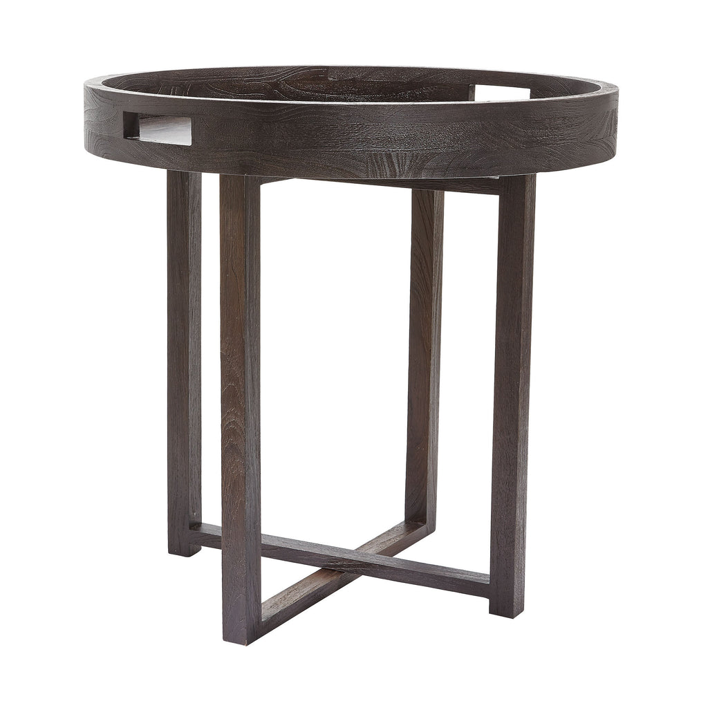 784058 Large Round Black Teak Side Table Tray Table - RauFurniture.com