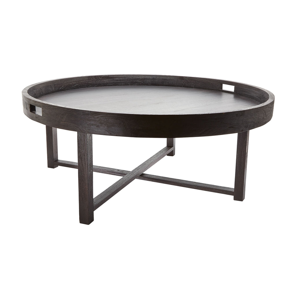 784059 Round Black Teak Coffee Table Tray Table - RauFurniture.com