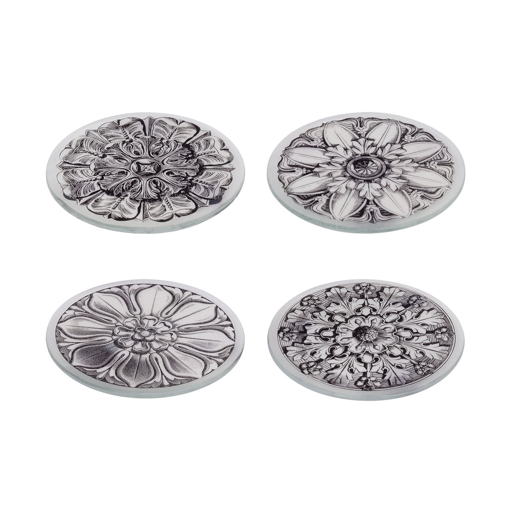 COAST109 - Assorted Floral Black on White (Set of 4) Glass Coasters