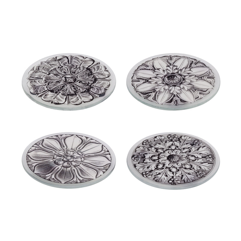 COAST109 - Assorted Floral Black on White (Set of 4) Glass Coasters