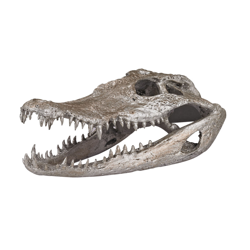 112162 Decorative Crocodile Skull In Silver Leaf Accessory - RauFurniture.com