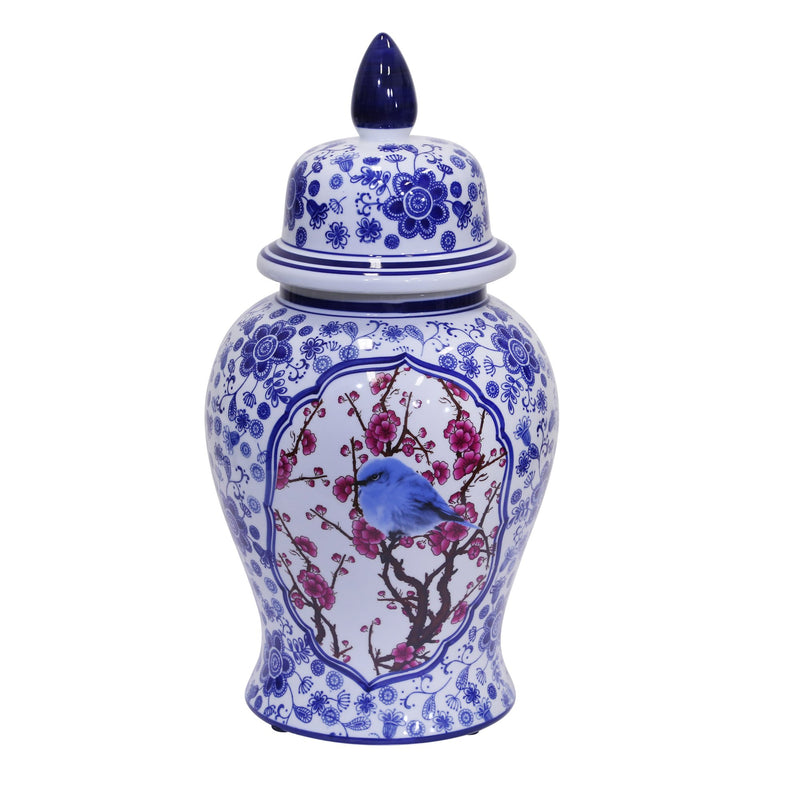 Blue/White Bird Temple Jar 18"