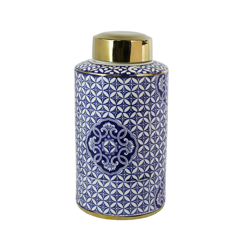 Blue/White Ceramic Jar, Gold Lid 15.75"