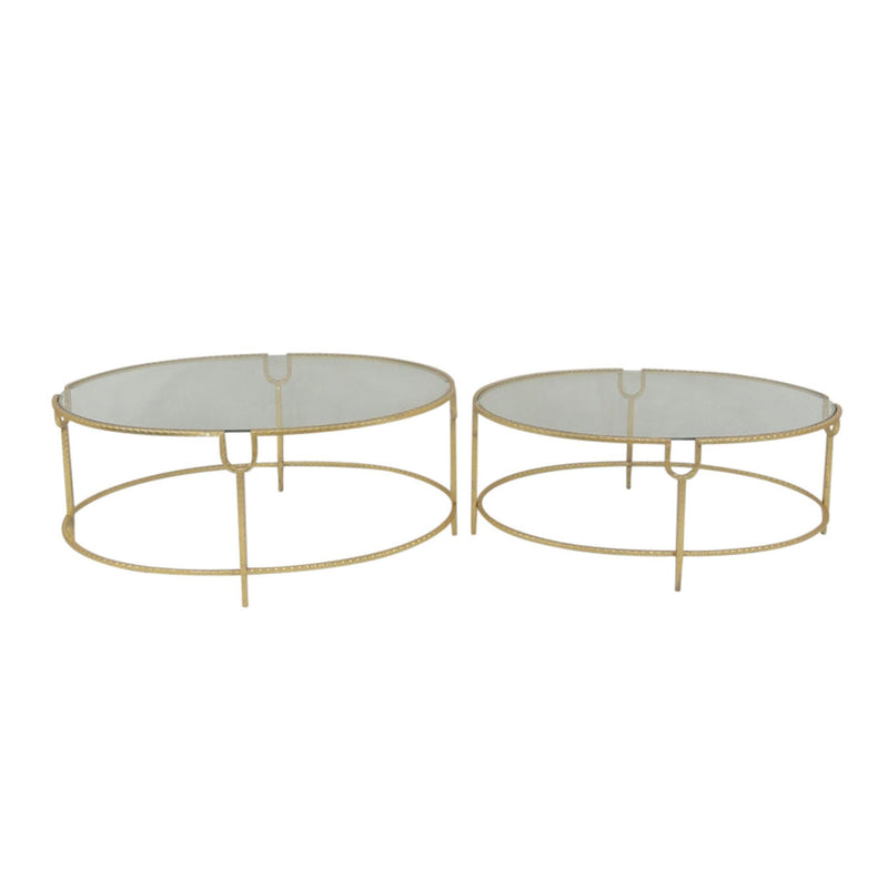 S/2 Gold Oval Cocktail Tables, Glass Top