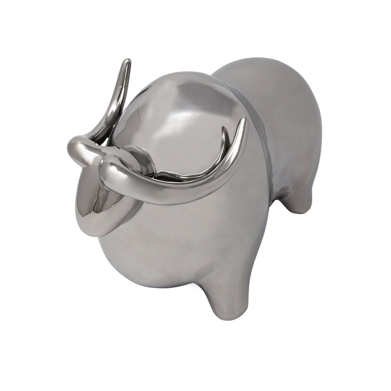 Silver Ceramic Bull, Head Up 8"