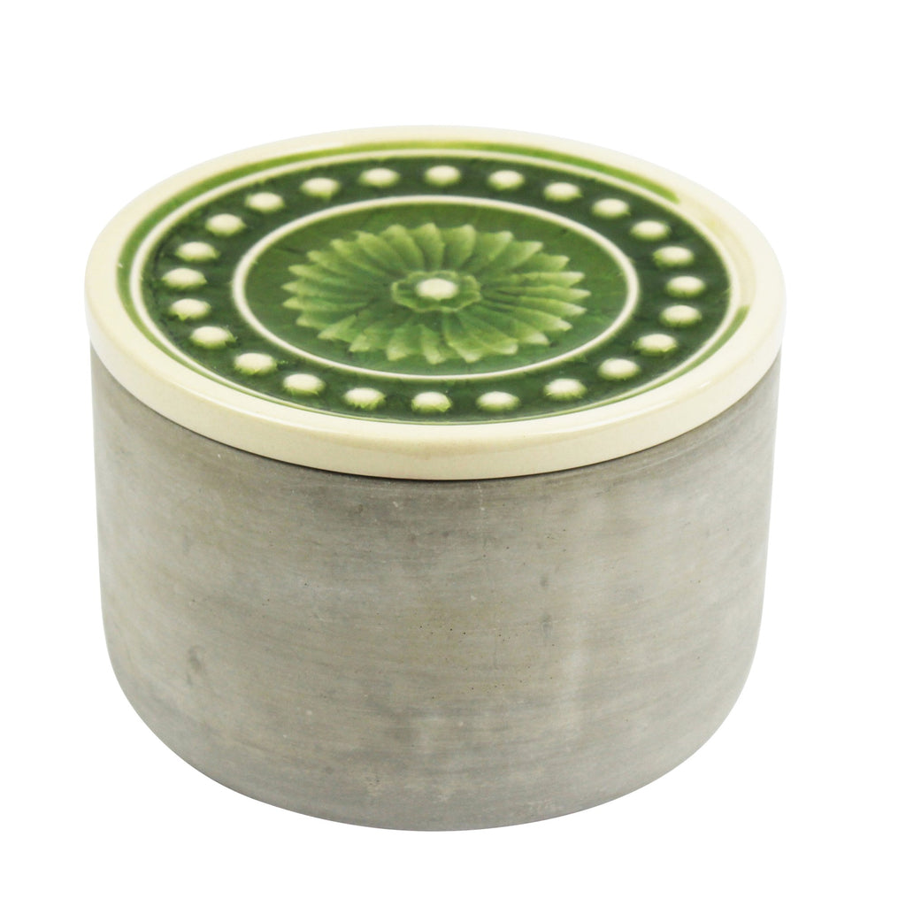 Round Cement Box, Green Glazed Lid 6"