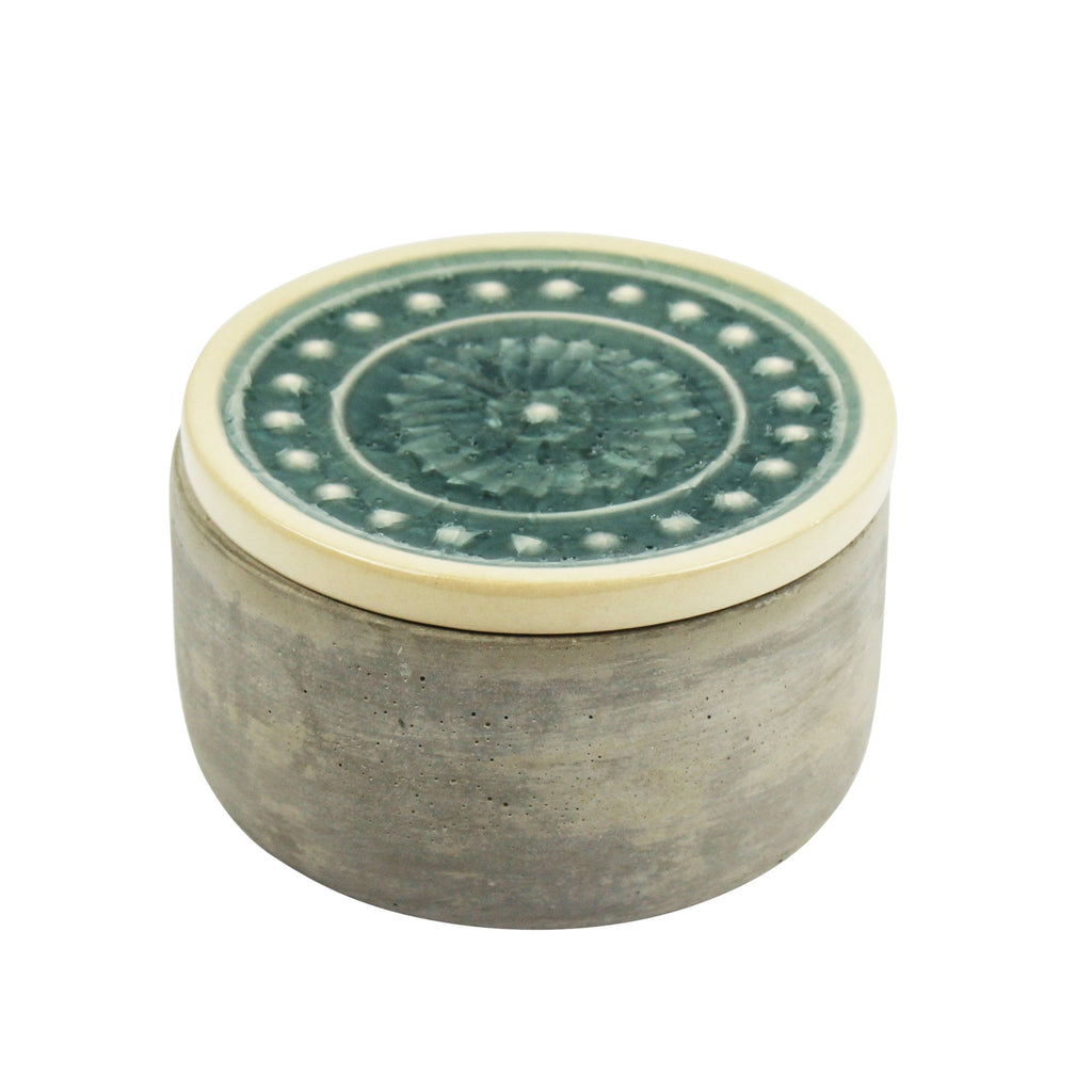 Round Cement Box, Teal Glazed Lid 5"