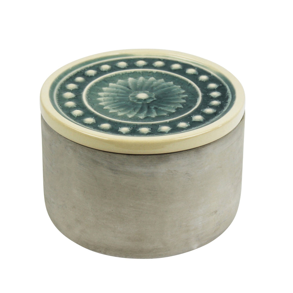 Round Cement Box, Teal Glazed Lid 6"