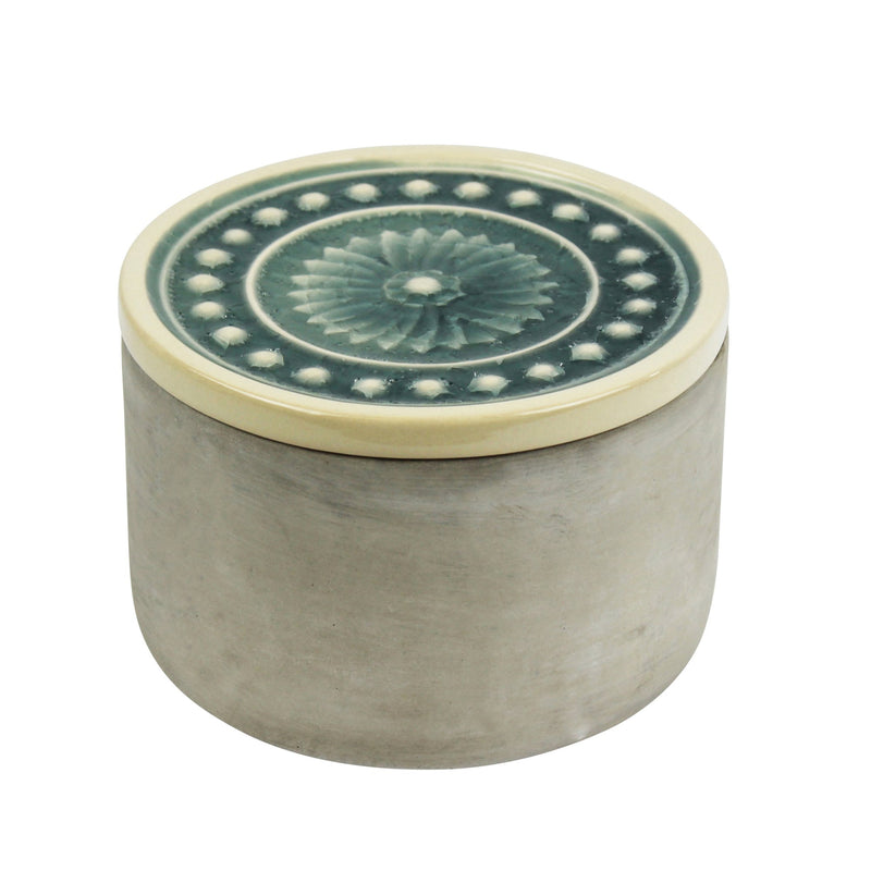 Round Cement Box, Teal Glazed Lid 6"