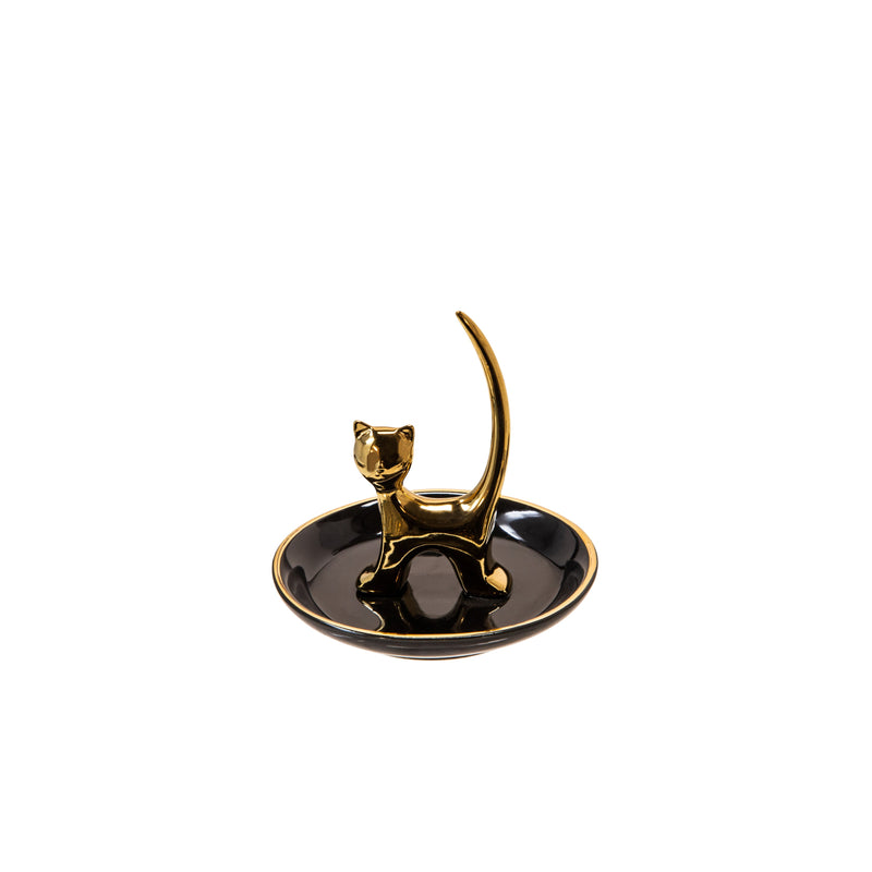 Black/Gold 4" Ceramic Cat Trinket Tray