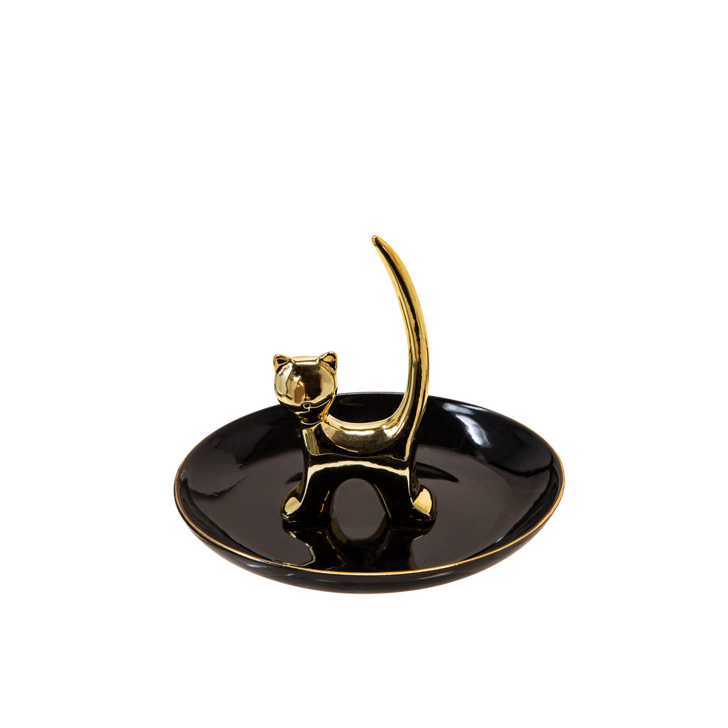 Black/Gold 6" Ceramic Cat Trinket Tray