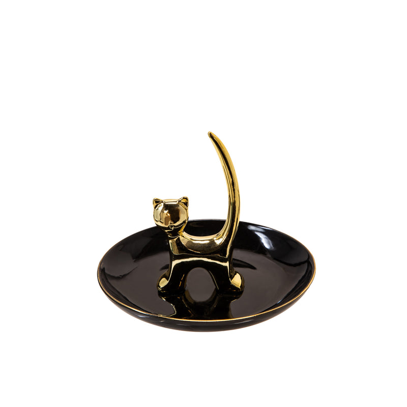 Black/Gold 6" Ceramic Cat Trinket Tray