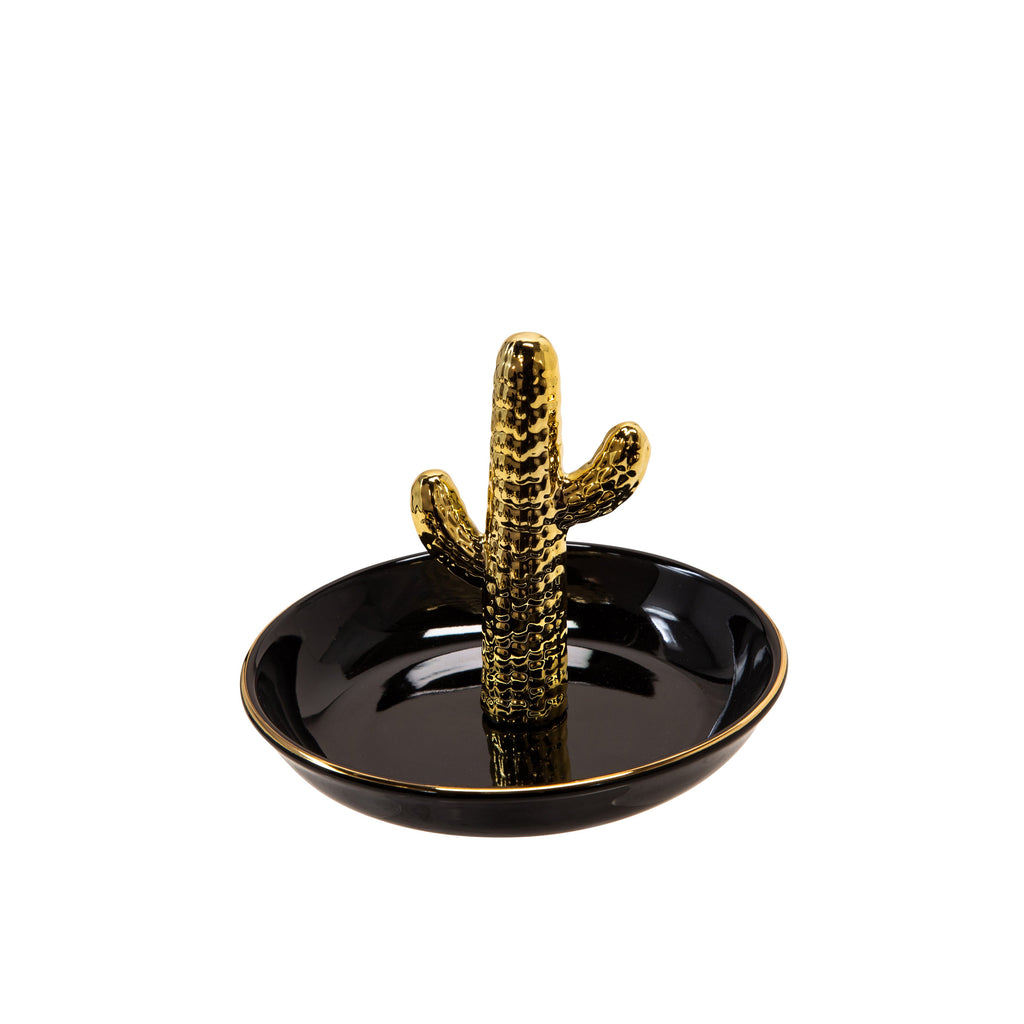Black/Gold 6" Ceramic Cactus Trinket Tray