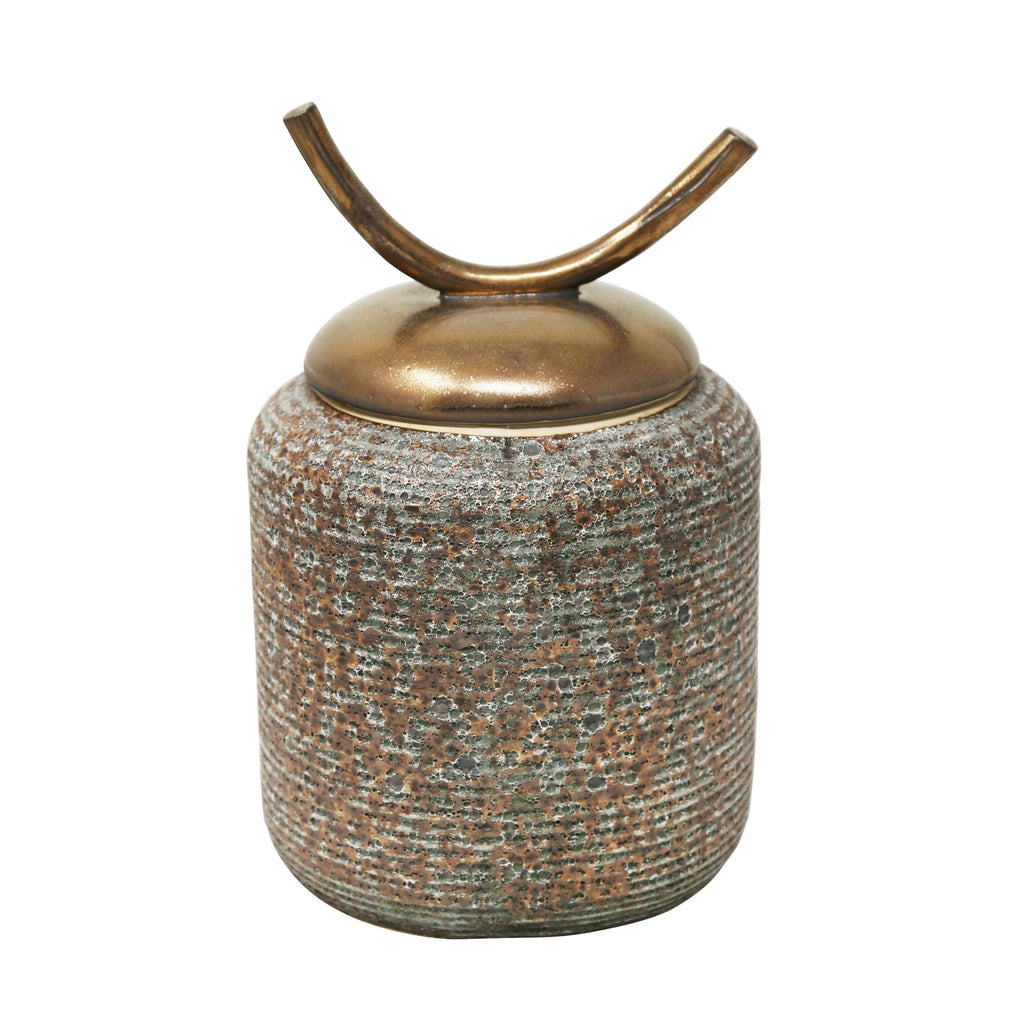 Brown/Green Jar W/ Horn Lid 15.5"