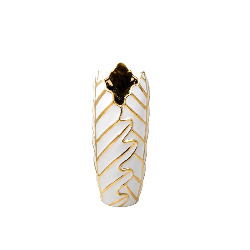 White/Gold Ceramic Leaf Vase 15.75"