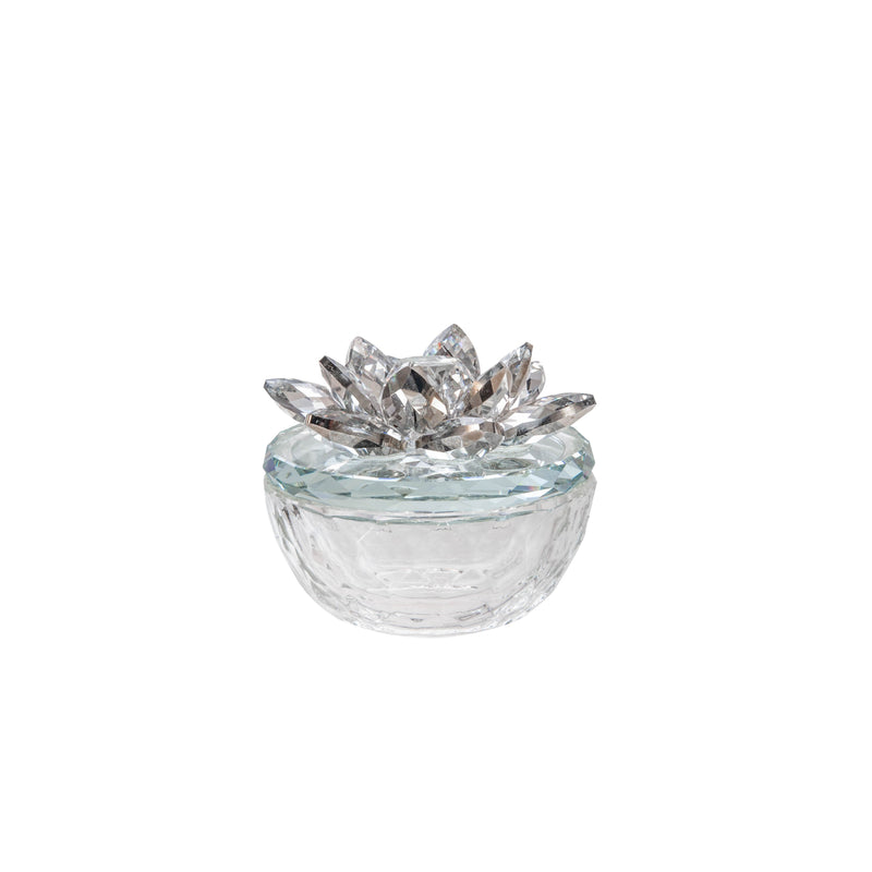 Glass Trinket Box Clear W/Silver Lotus Top