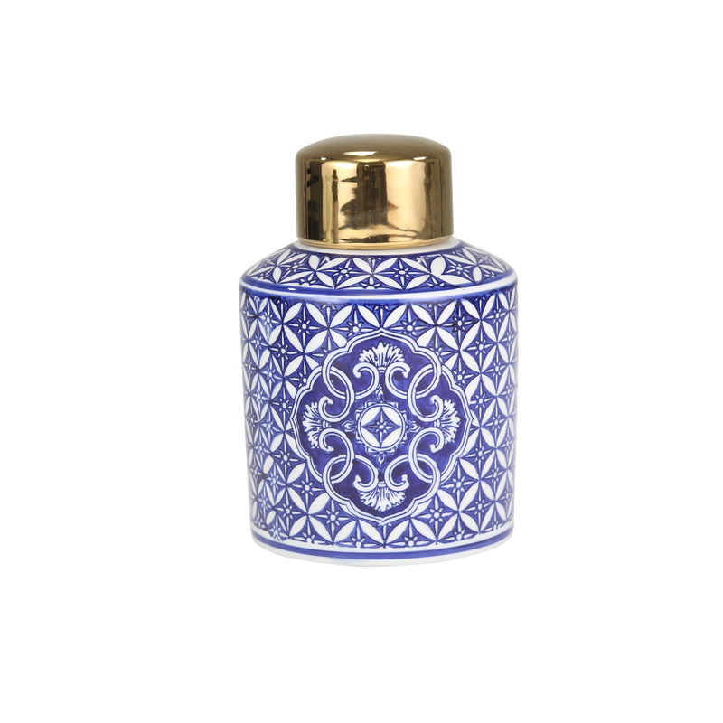 White/Blue Jar W/ Gold Top 8.5"