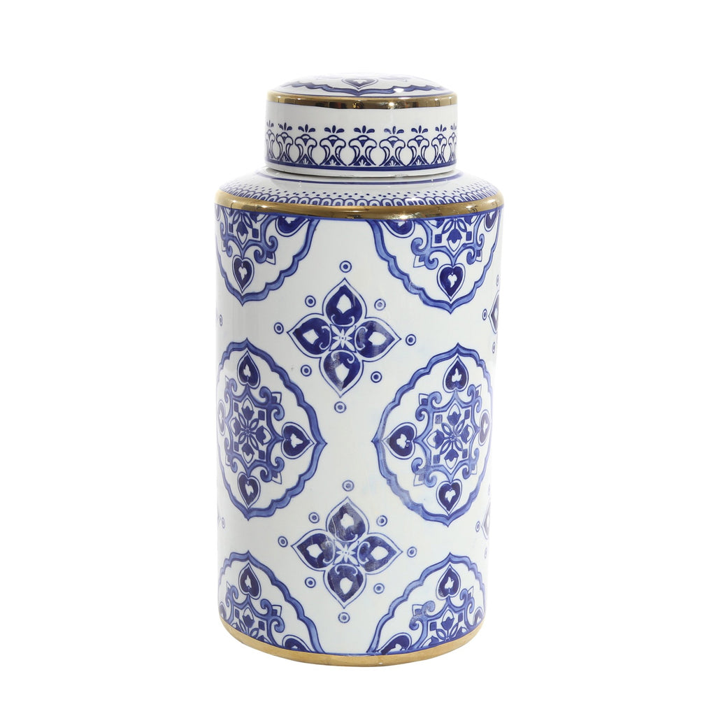 White/Blue Jar W/ Gold Detail, 16"